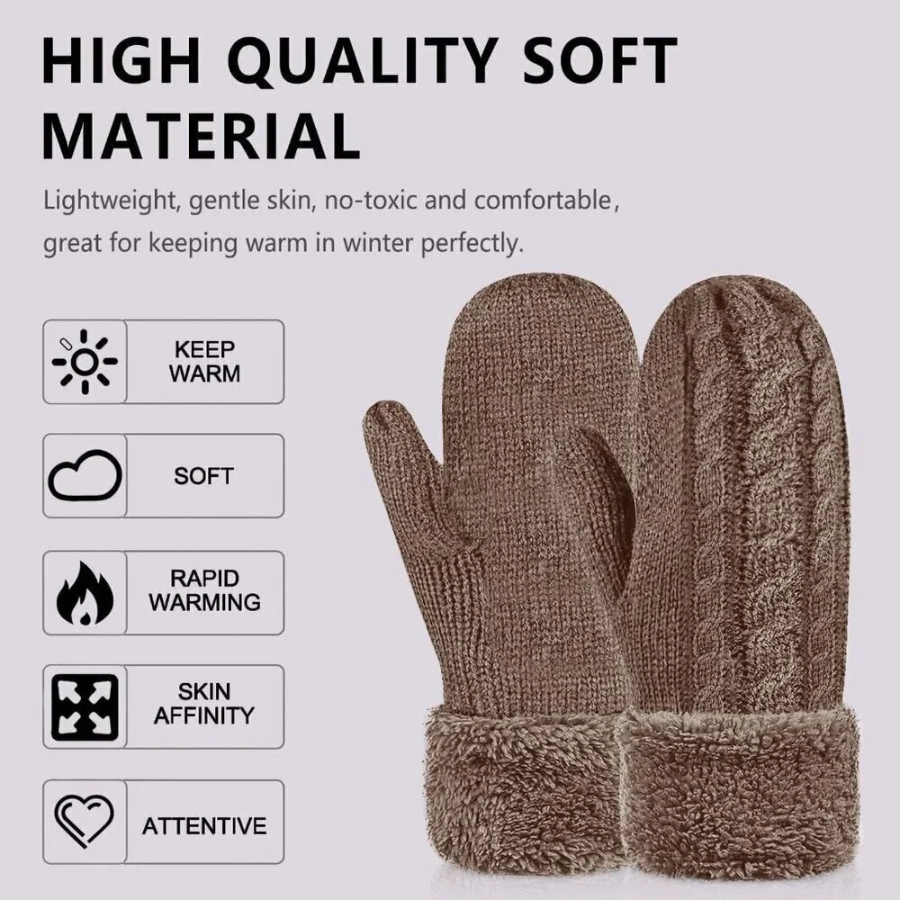 Women's Brown Winter Warm Imported Fleece Lining Cozy Wool Knit Thick Gloves